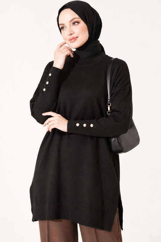 Zwarte Mercerized Tuniek Met Split-Detail En Knopen