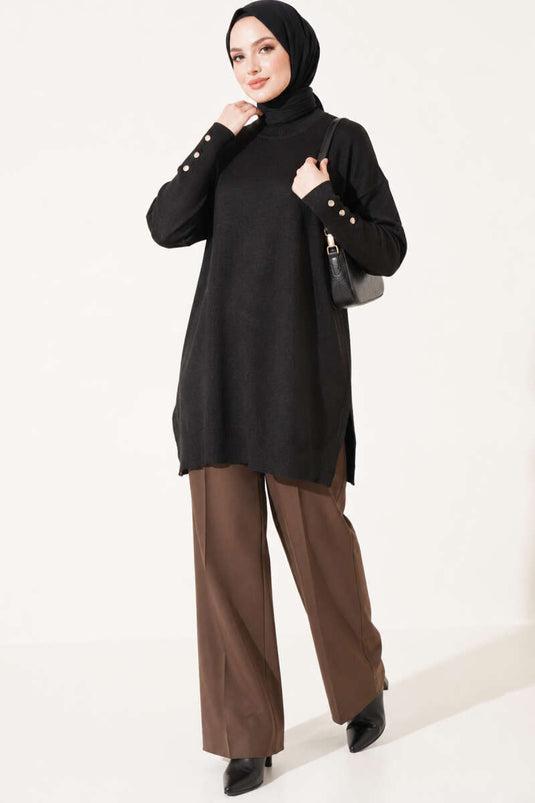 Zwarte Mercerized Tuniek Met Split-Detail En Knopen