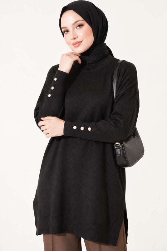 Zwarte Mercerized Tuniek Met Split-Detail En Knopen