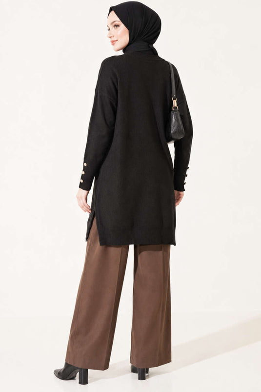 Zwarte Mercerized Tuniek Met Split-Detail En Knopen