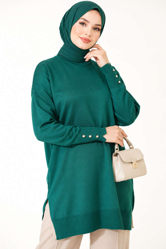 Emerald Slit Detail Buttoned Mercerized Tunic