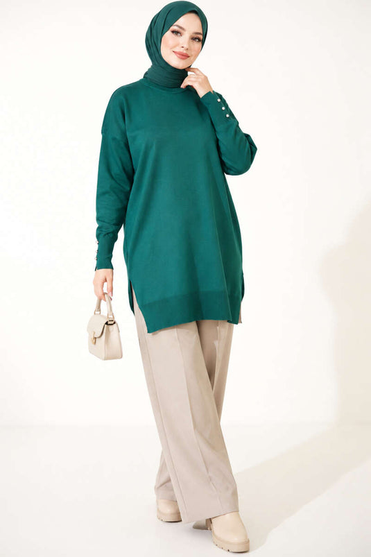 Emerald Slit Detail Buttoned Mercerized Tunic