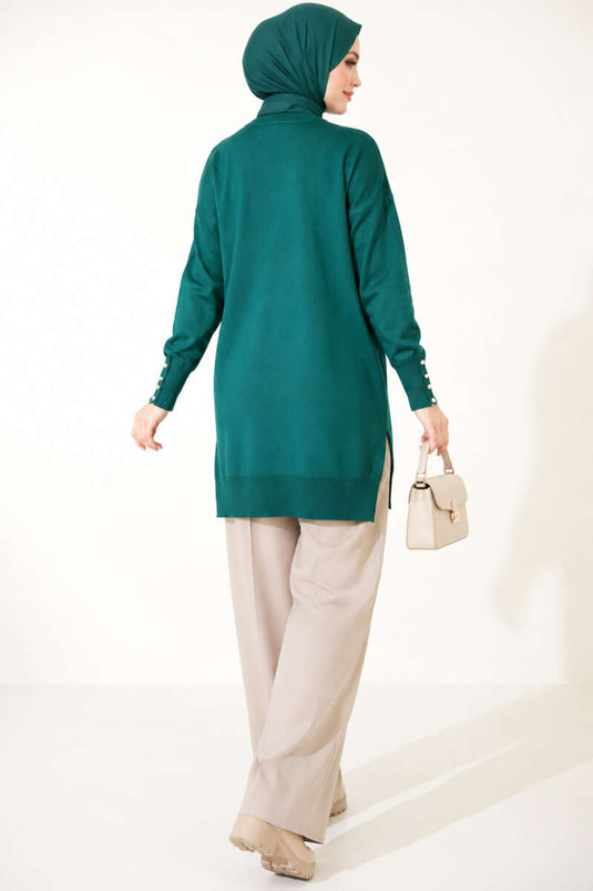 Emerald Slit Detail Buttoned Mercerized Tunic