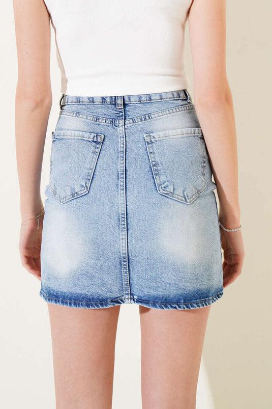 Jupe courte en jean fendue et détaillée, bleu denim