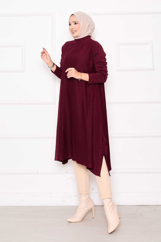 Glitzernde Mevlana-Stricktunika mit Schlitzdetail in Burgunderrot