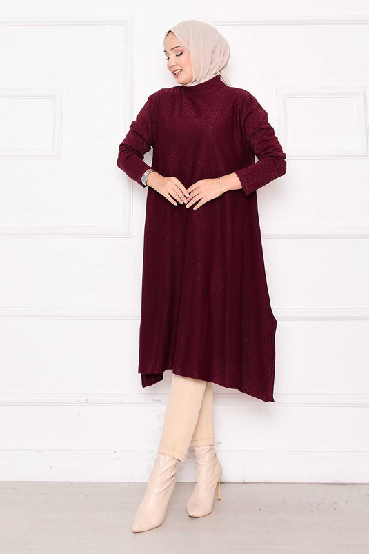 Glitzernde Mevlana-Stricktunika mit Schlitzdetail in Burgunderrot