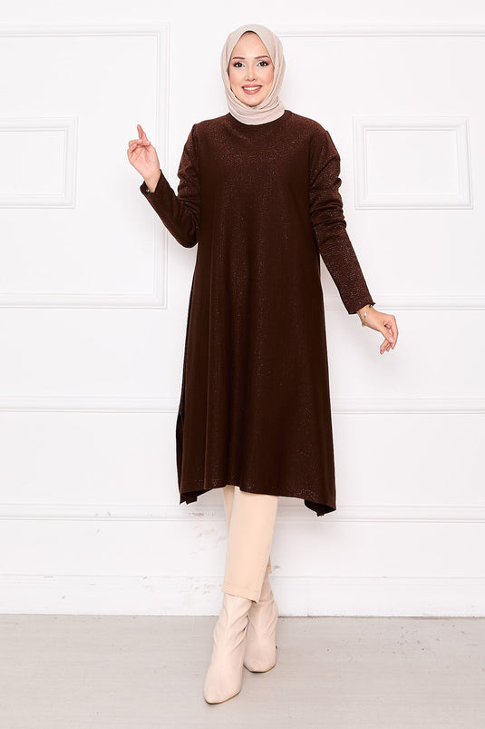 Slit Detailed Glittery Mevlana Knit Tunic Brown