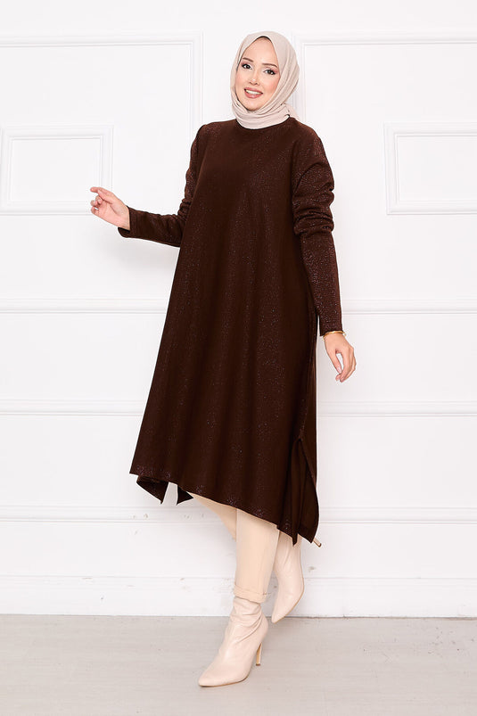 Tunique en tricot Mevlana pailleté avec fentes et détails marron