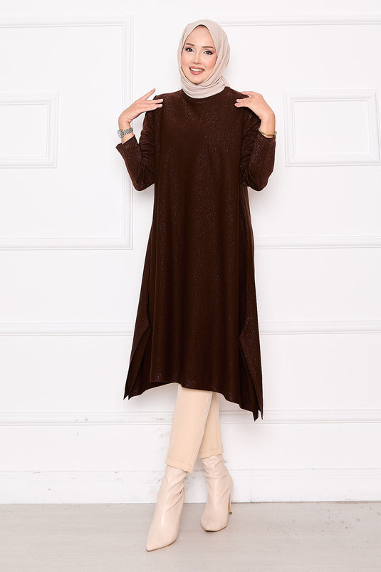 Tunique en tricot Mevlana pailleté avec fentes et détails marron