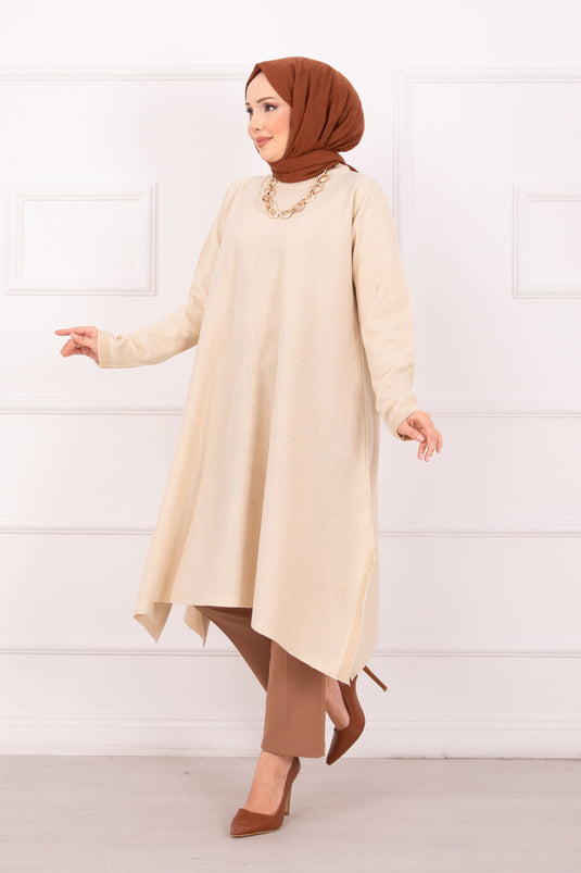 Yırtmaç Detaylı Simli Mevlana Triko Tunik Krem