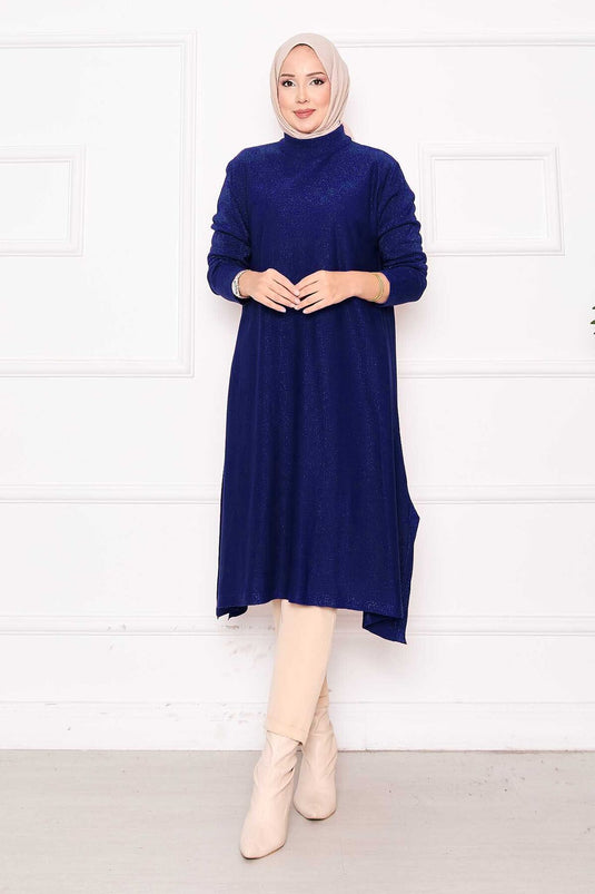 Yırtmaç Detaylı Simli Mevlana Triko Tunik Saks