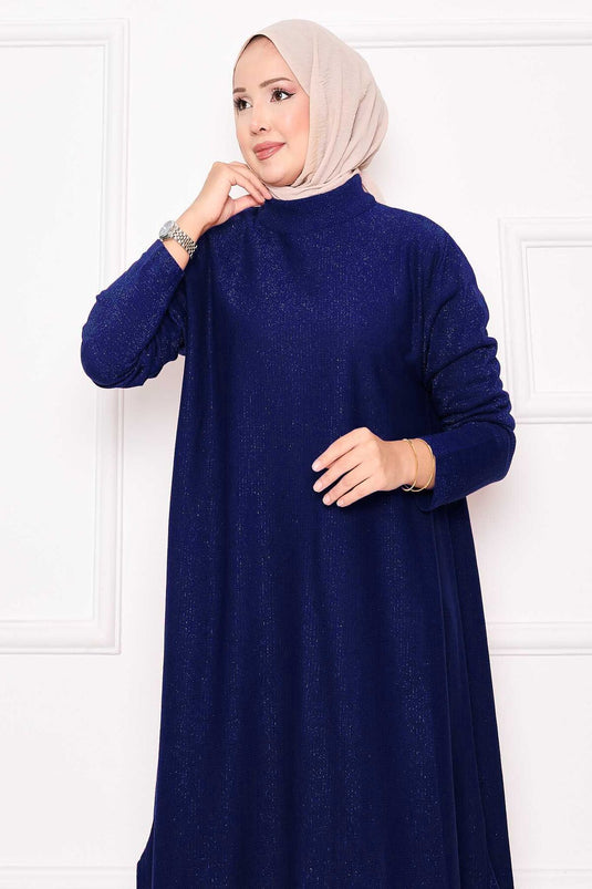 Yırtmaç Detaylı Simli Mevlana Triko Tunik Saks