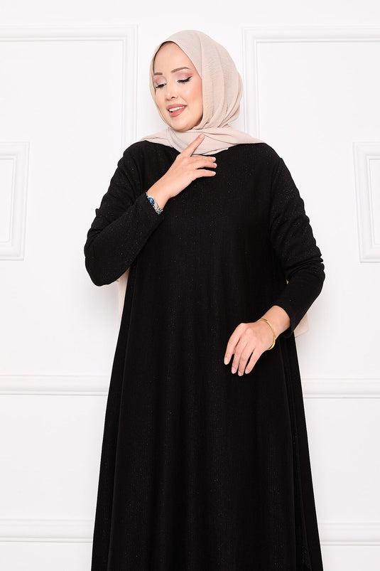 Tunique Mevlana en maille pailletée avec fente et détails raffinés, noire