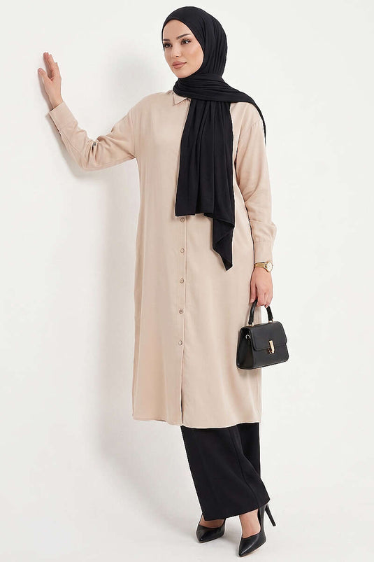 Tunika lunga in tensel con dettaglio spacco beige