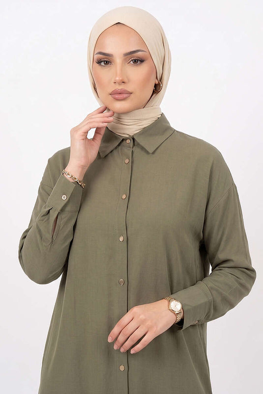 تونيك طويل من تنسيل بتفاصيل شق باللون الأخضر الزيتوني