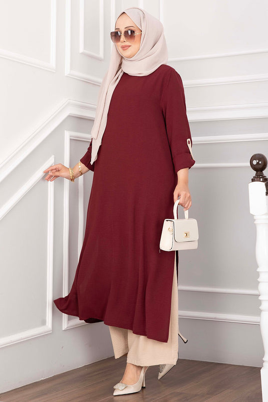 Yırtmaç Detaylı Uzun Tunik Pantolon Takım Bordo