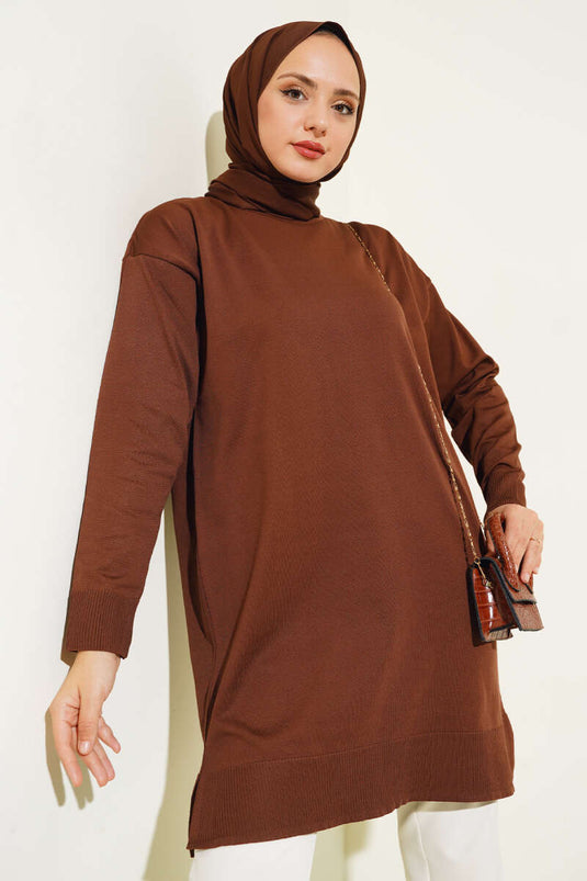 Tunique Maille Basique Fente Marron
