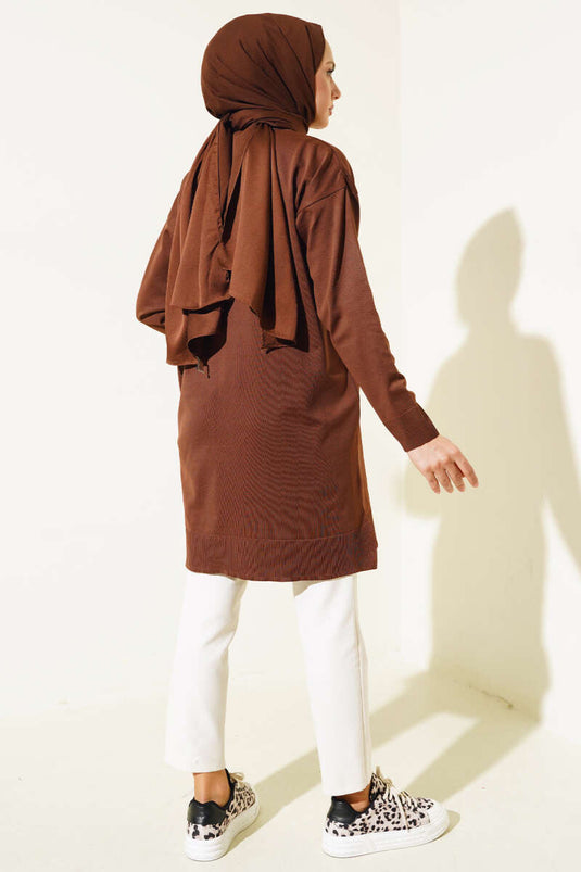 Basic Knitwear Tunic with Slits Brown