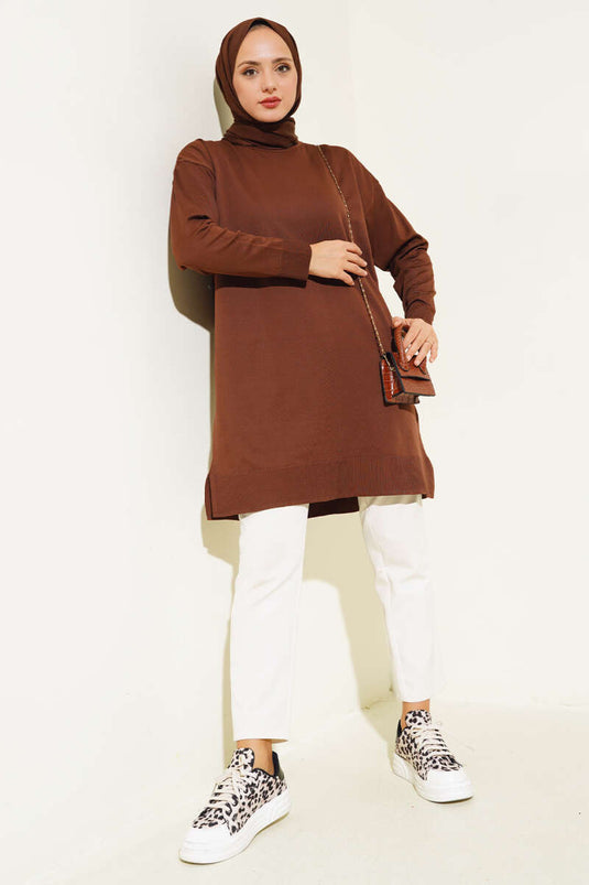 Tunique Maille Basique Fente Marron