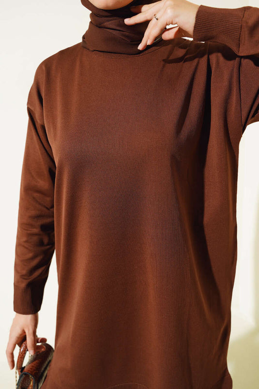 Basic Knitwear Tunic with Slits Brown