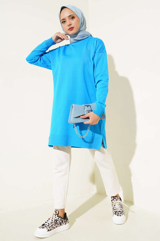 Tunique Maille Basique Fendue Bleu