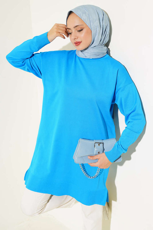 Tunique Maille Basique Fendue Bleu
