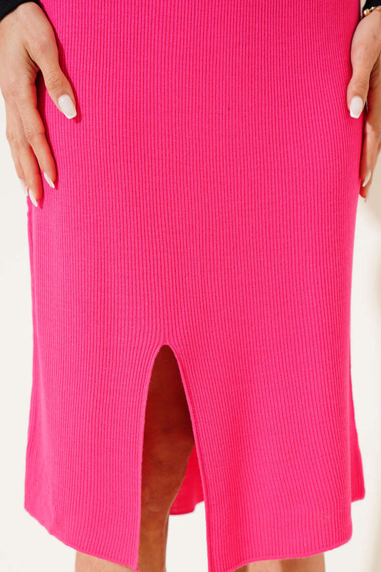 Slit Elastic Waist Midi Knit Skirt Fuchsia