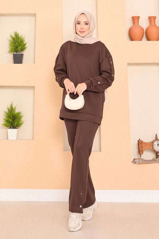 Slit and Snap Detailed Hijab Two Piece Set Brown