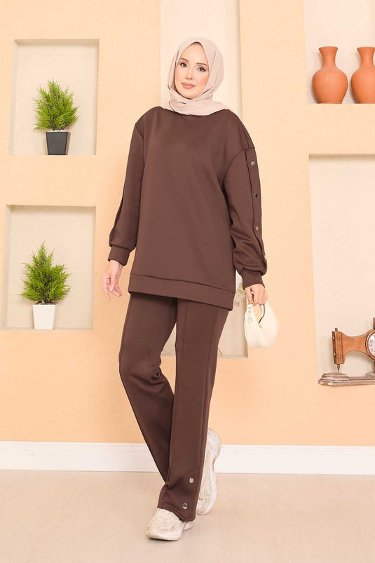 Slit and Snap Detailed Hijab Two Piece Set Brown