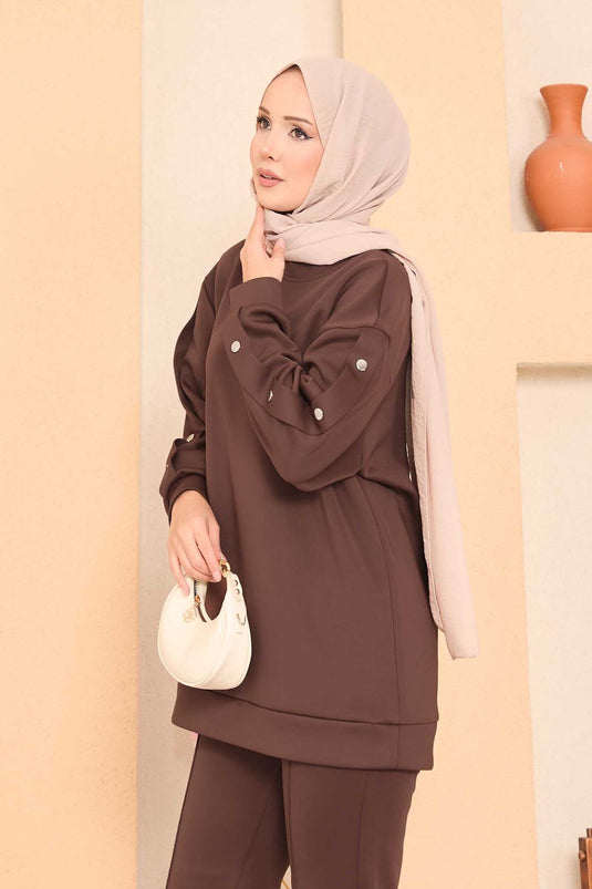 Slit and Snap Detailed Hijab Two Piece Set Brown
