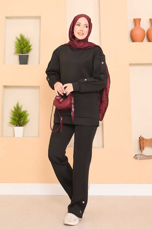 Ensemble hijab deux pièces noir avec fentes et boutons-pression
