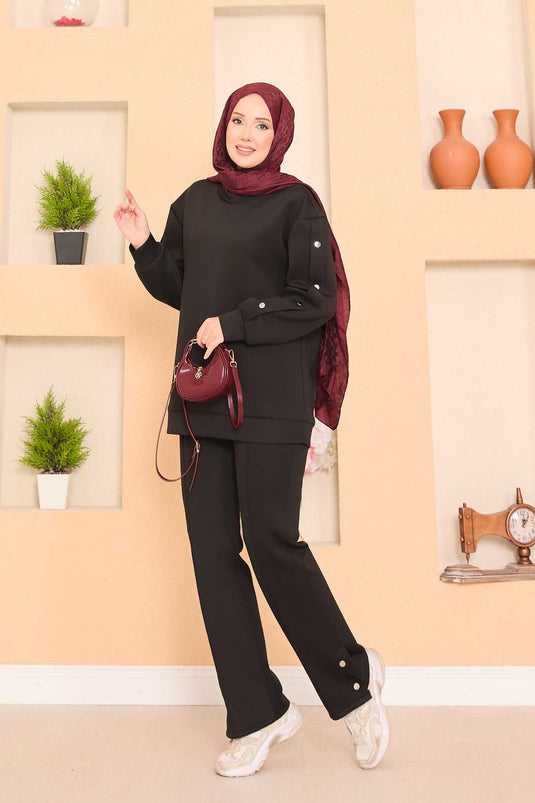 Slit and Snap Detailed Hijab Two Piece Set Black