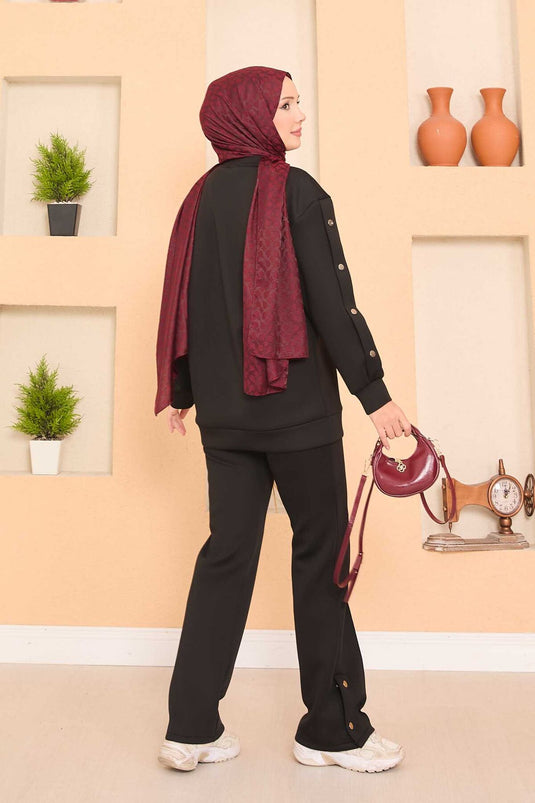 Slit and Snap Detailed Hijab Two Piece Set Black