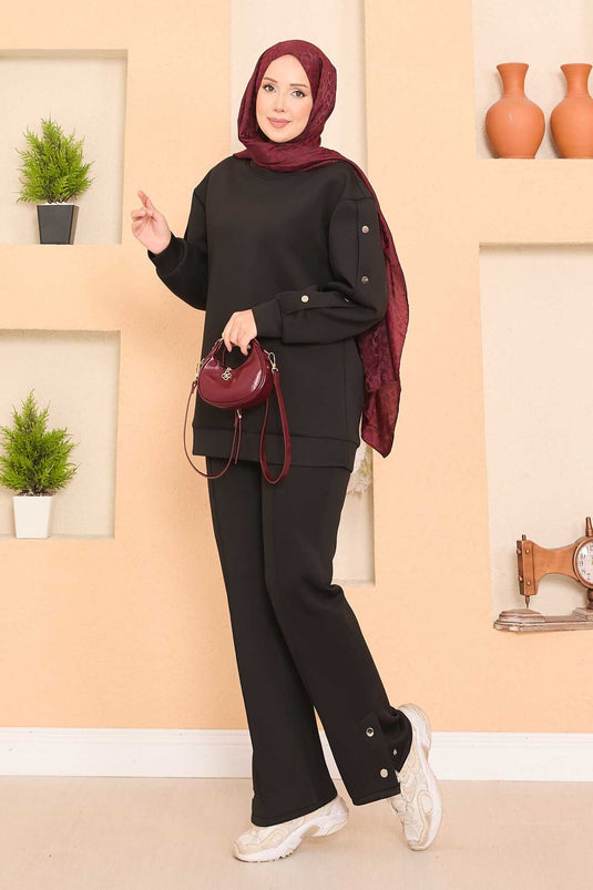 Slit and Snap Detailed Hijab Two Piece Set Black