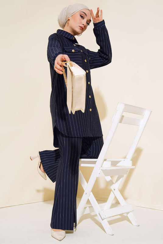 Abito doppio a righe con spacco Blu Navy