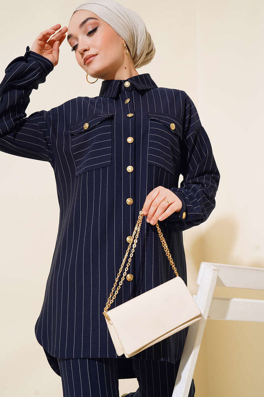 Abito doppio a righe con spacco Blu Navy