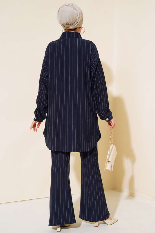 Abito doppio a righe con spacco Blu Navy