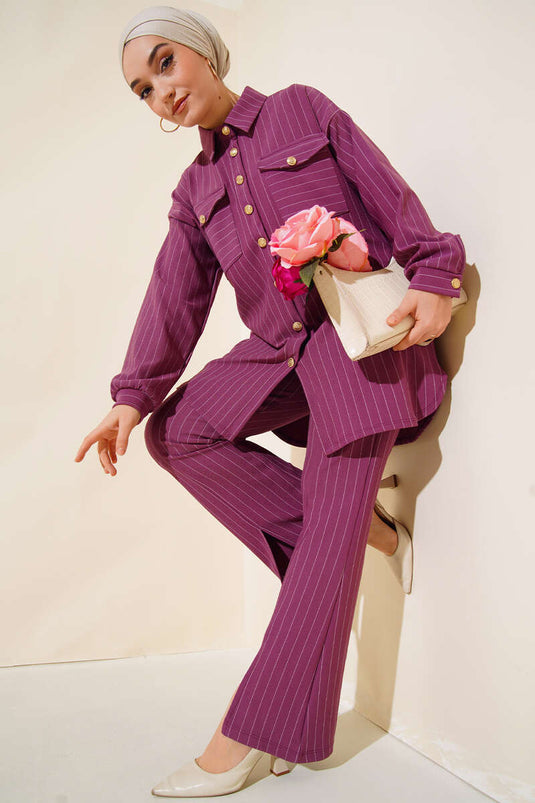 Yırtmaçlı Çizgili İkili Takım Magenta