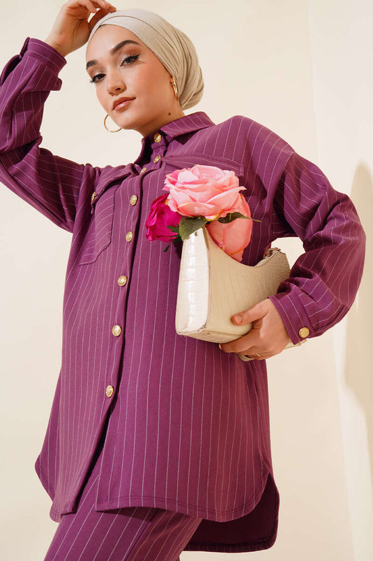 Yırtmaçlı Çizgili İkili Takım Magenta