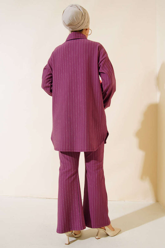 Yırtmaçlı Çizgili İkili Takım Magenta