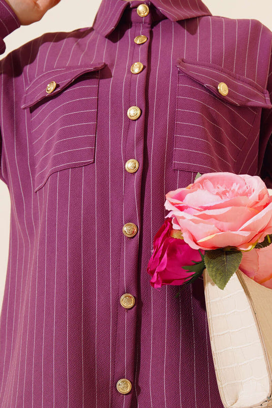 Yırtmaçlı Çizgili İkili Takım Magenta