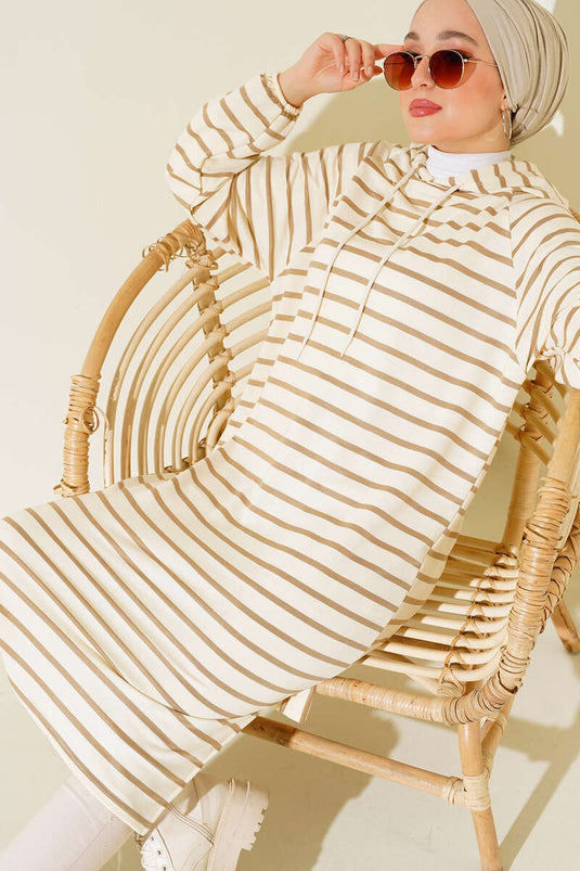 Yırtmaçlı Çizgili Tunik Latte