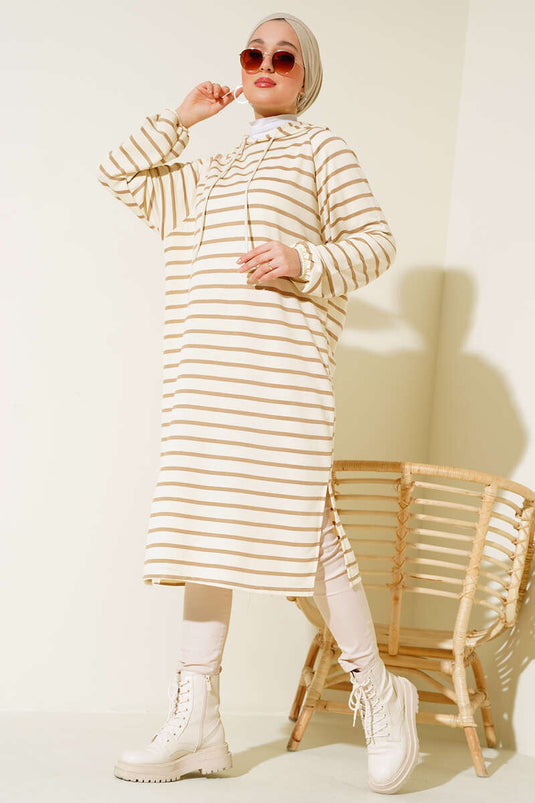 Yırtmaçlı Çizgili Tunik Latte