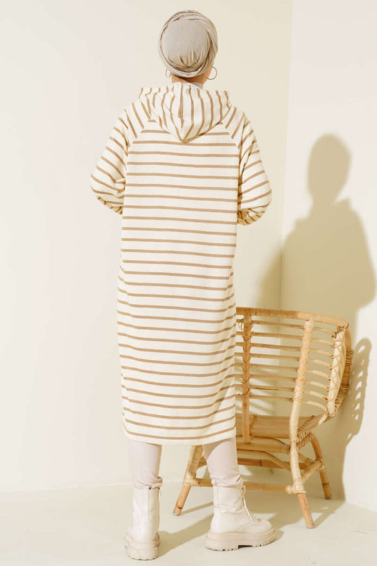 Yırtmaçlı Çizgili Tunik Latte