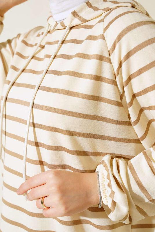 Yırtmaçlı Çizgili Tunik Latte