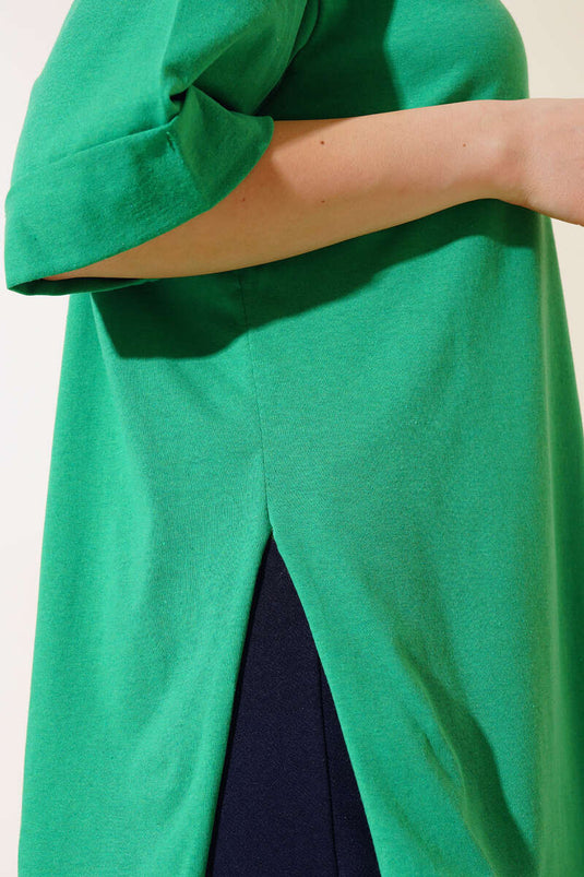 Yırtmaçlı T-shirt Duble Kol Yeşil