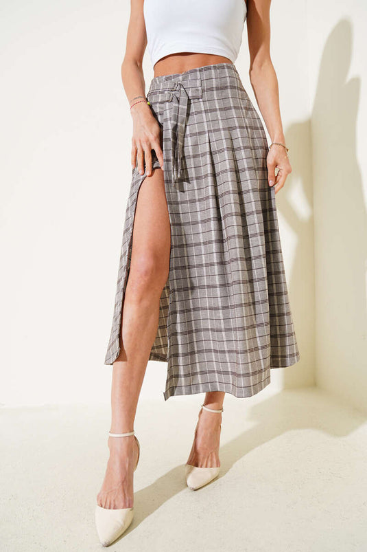 Slit Plaid Patterned Midi Skirt Mink