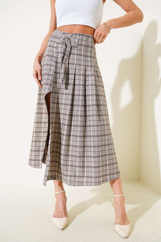 Jupe midi fendue à carreaux, couleur vison