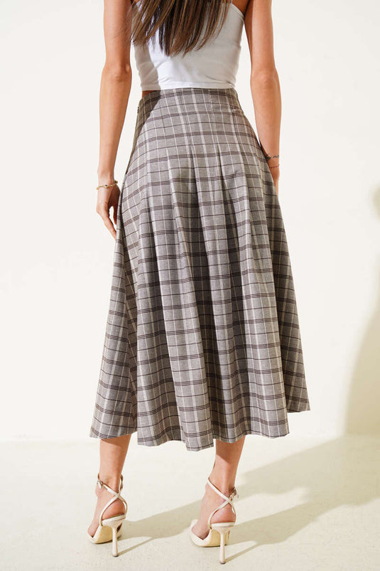 Jupe midi fendue à carreaux, couleur vison