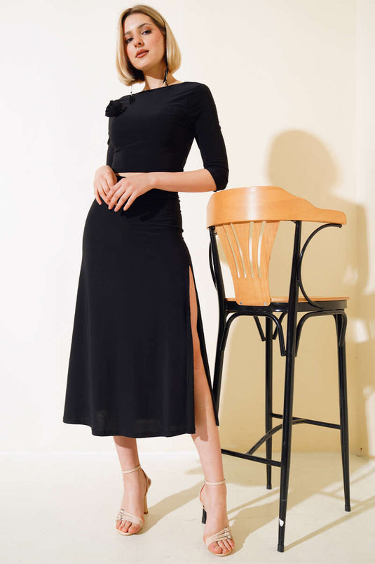 Yırtmaçlı Etekli İkili Takım Siyah